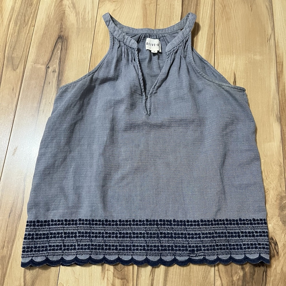 Olive & Oak Tank Top Sz S Blue Embroidered V Neck Lightweight A Line Coquette
